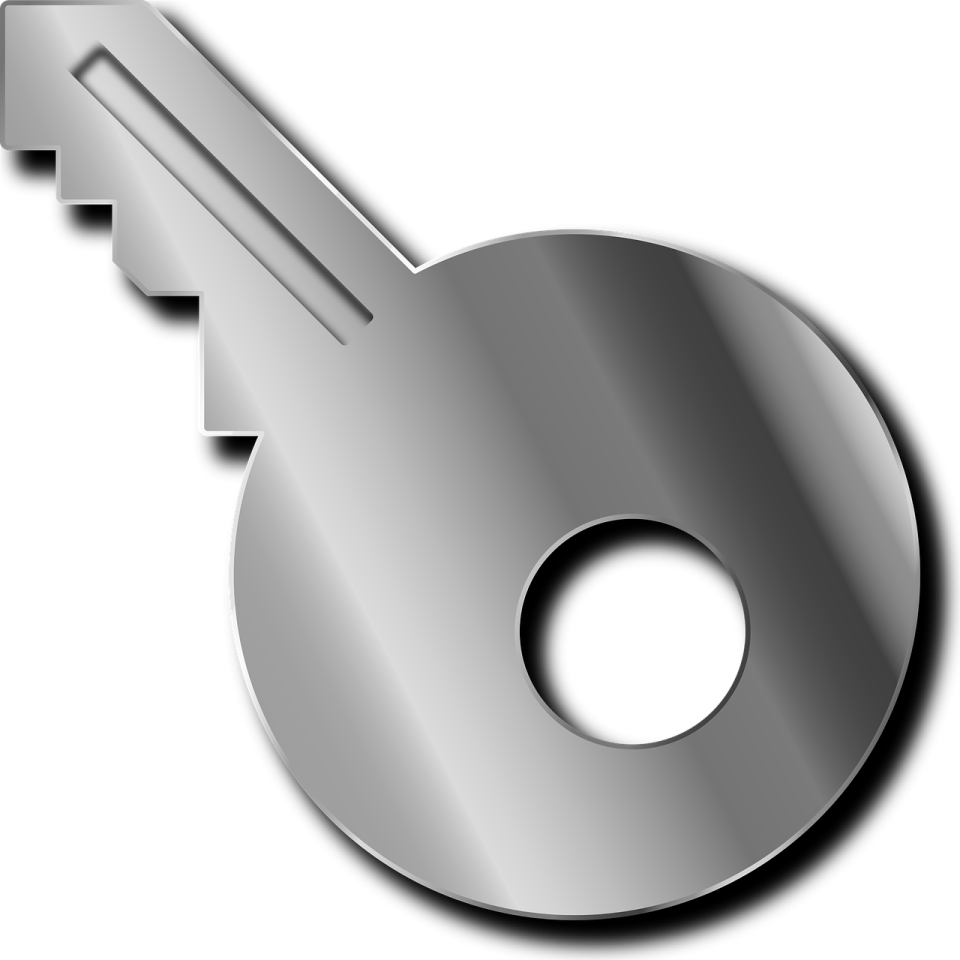 a silver key on a white background