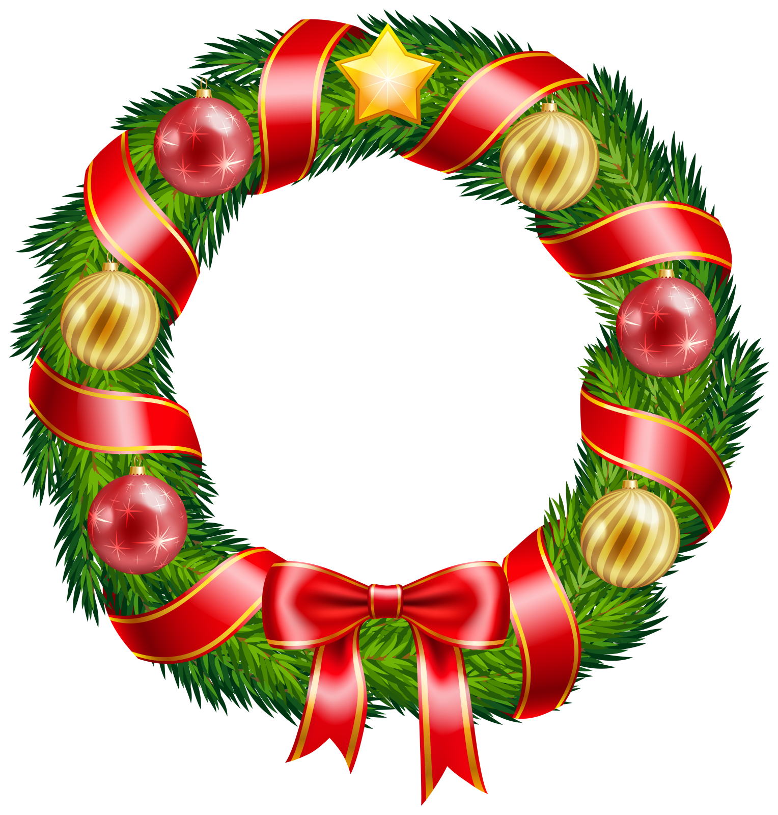 a christmas wreath with red and gold ornaments