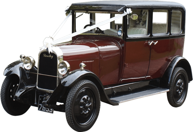 an old red car with a black roof