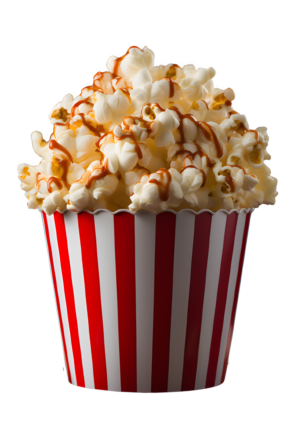 a red and white striped cup filled with popcorn