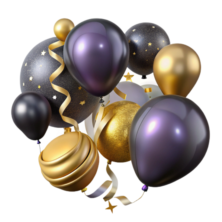 a bunch of black, gold and silver balloons