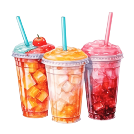 three plastic cups filled with different types of drinks