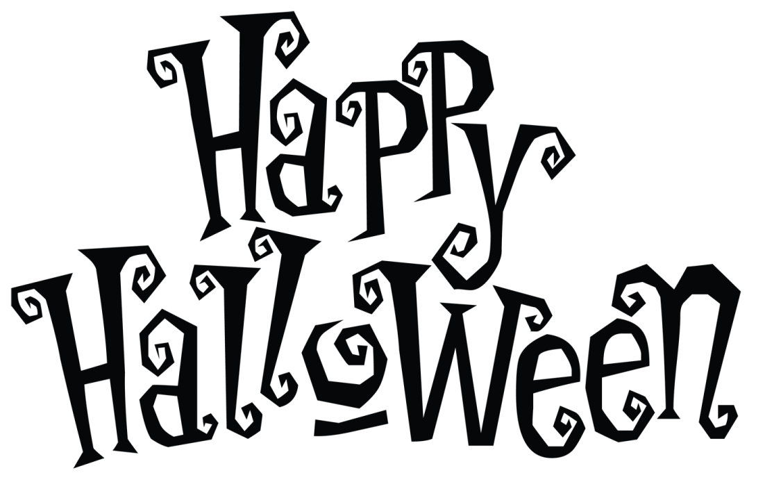 a black and white image of the word happy halloween
