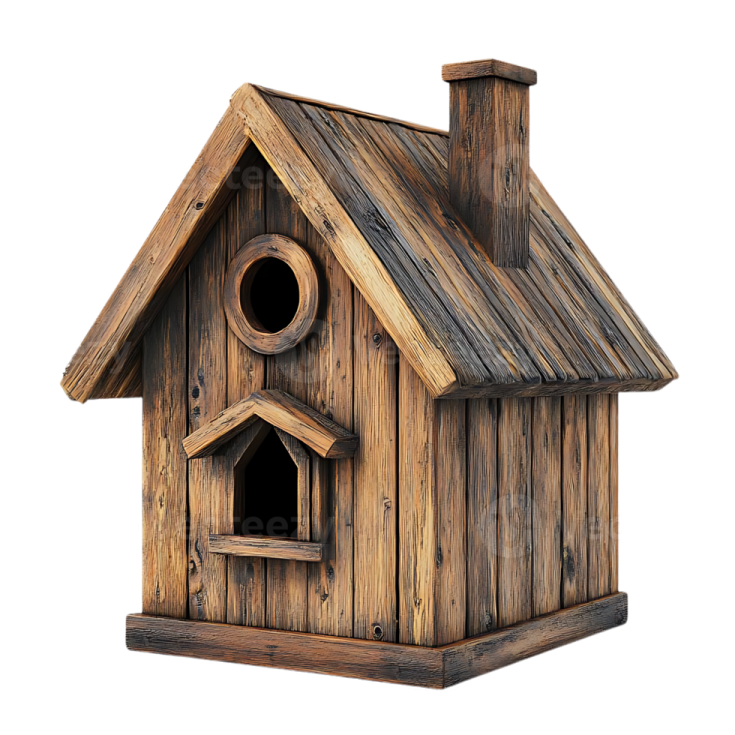 a wooden birdhouse on a white background