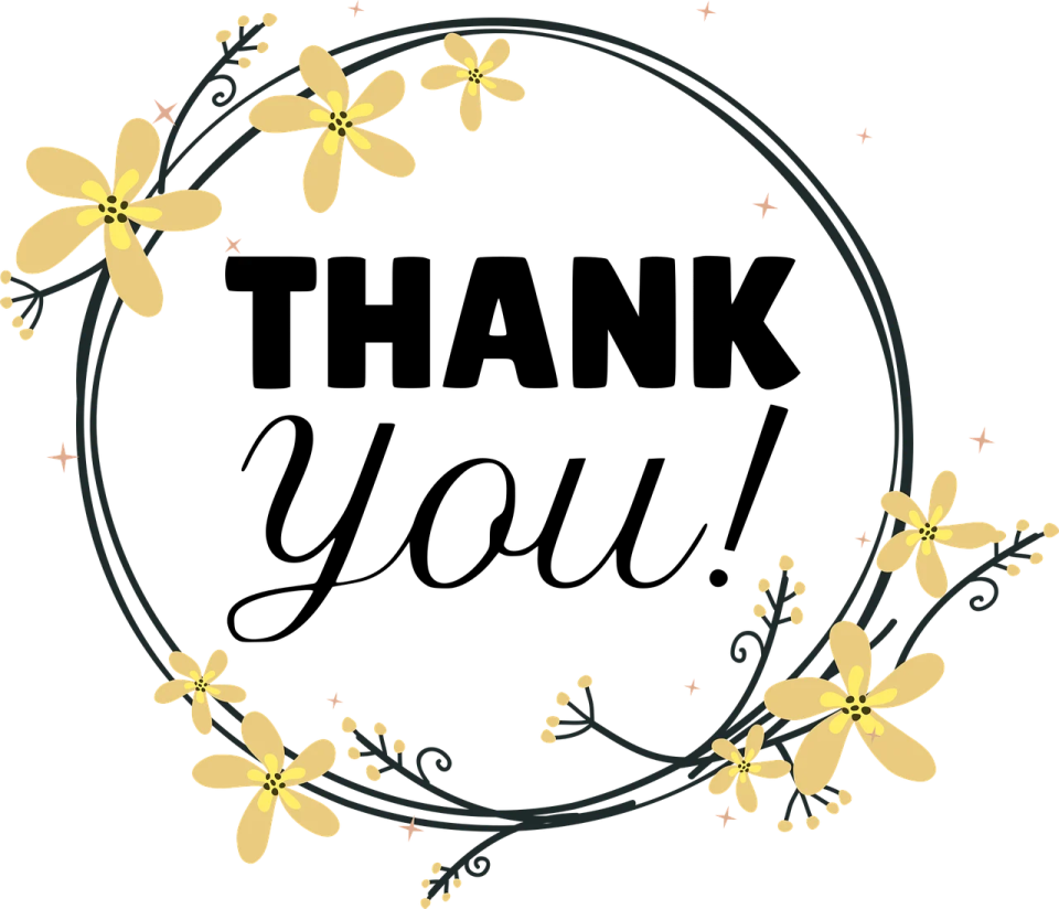 a black and yellow floral wreath with the words thank you