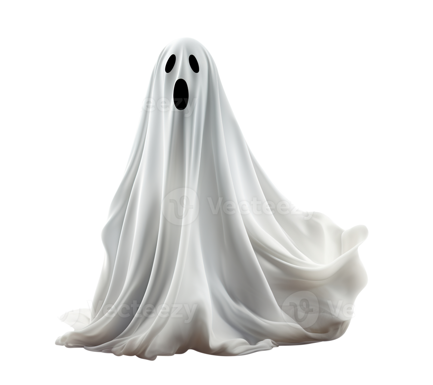 a white ghost with black eyes and a long cloak