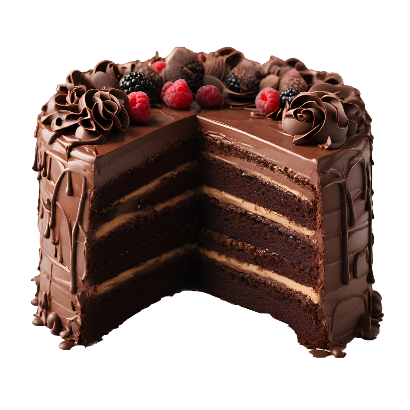 a cake with chocolate frosting and berries on top