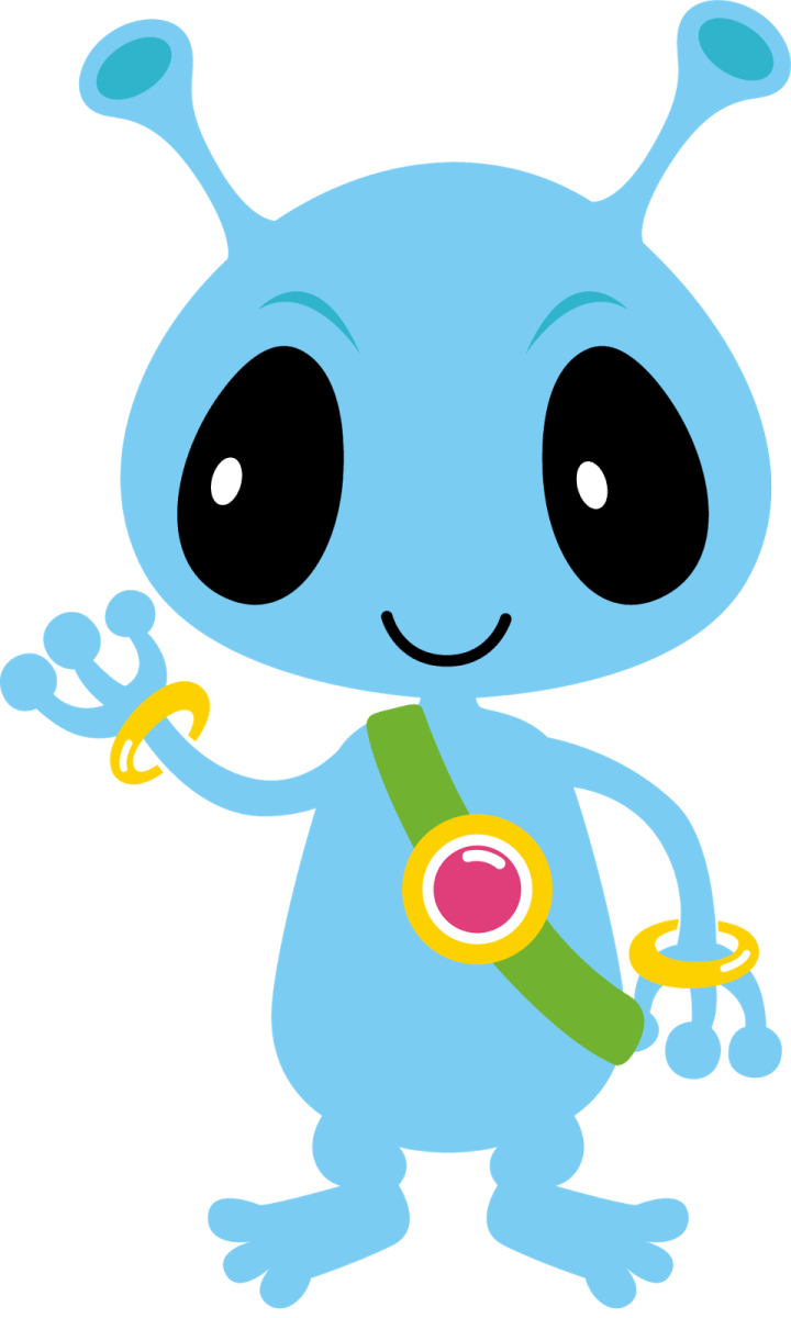 a blue cartoon character holding a medal