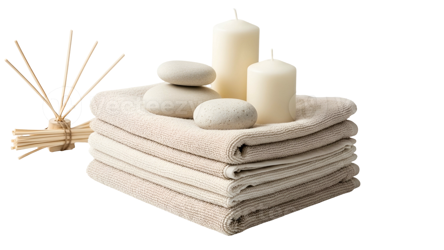 a pile of towels and candles on a white background
