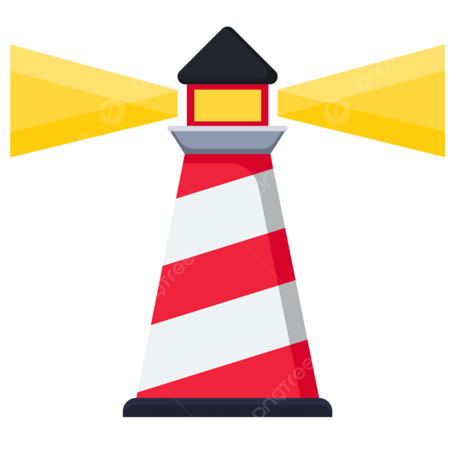 a red and white lighthouse with yellow lights