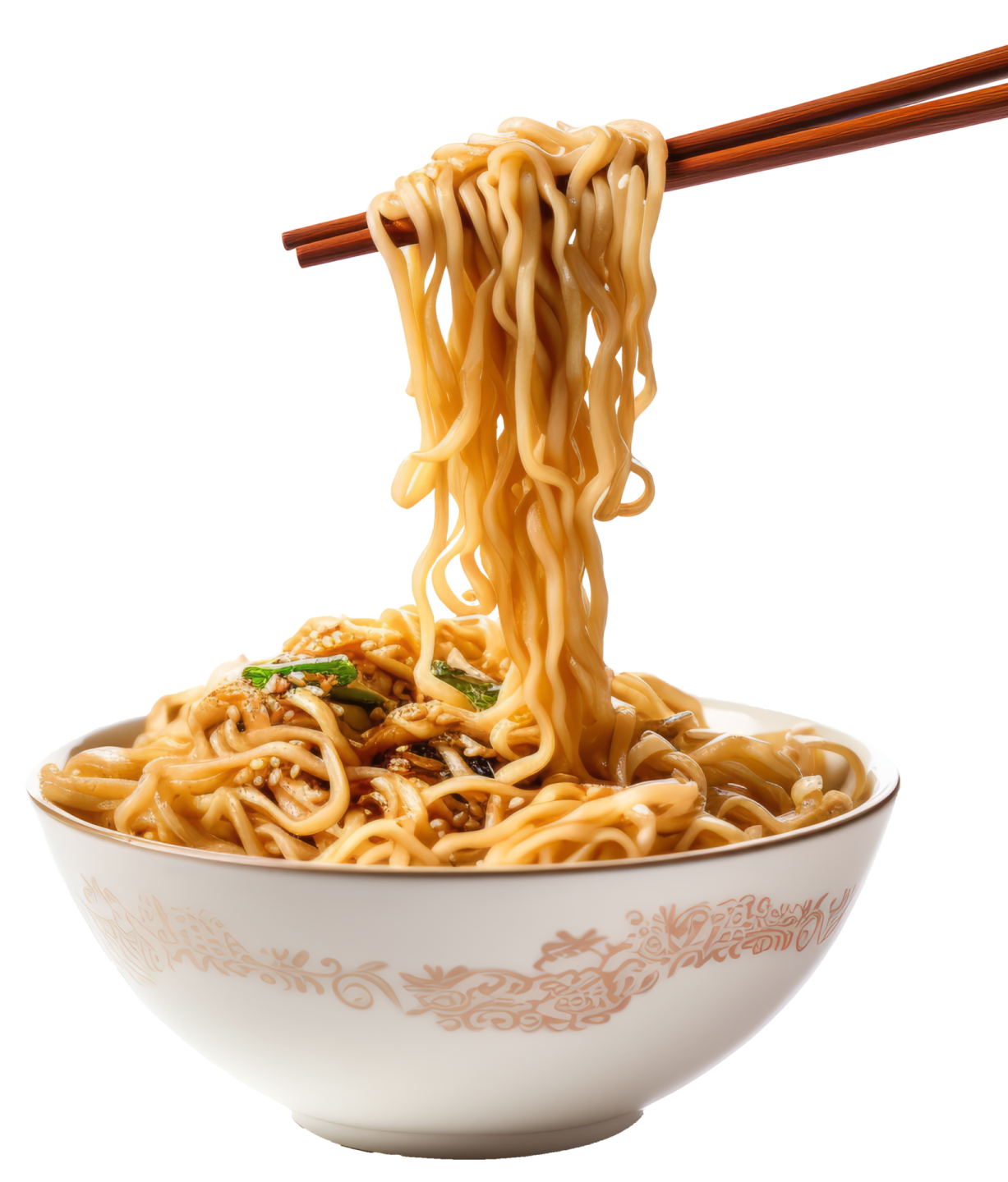 a bowl of noodles with chops in it