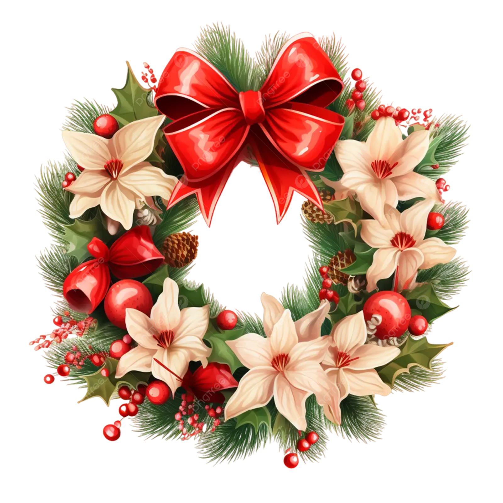 a christmas wreath with red and white poins