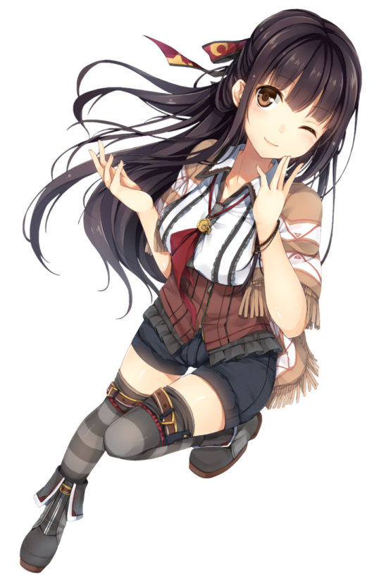 a girl with long black hair, wearing a school uniform and holding her hand up in the air