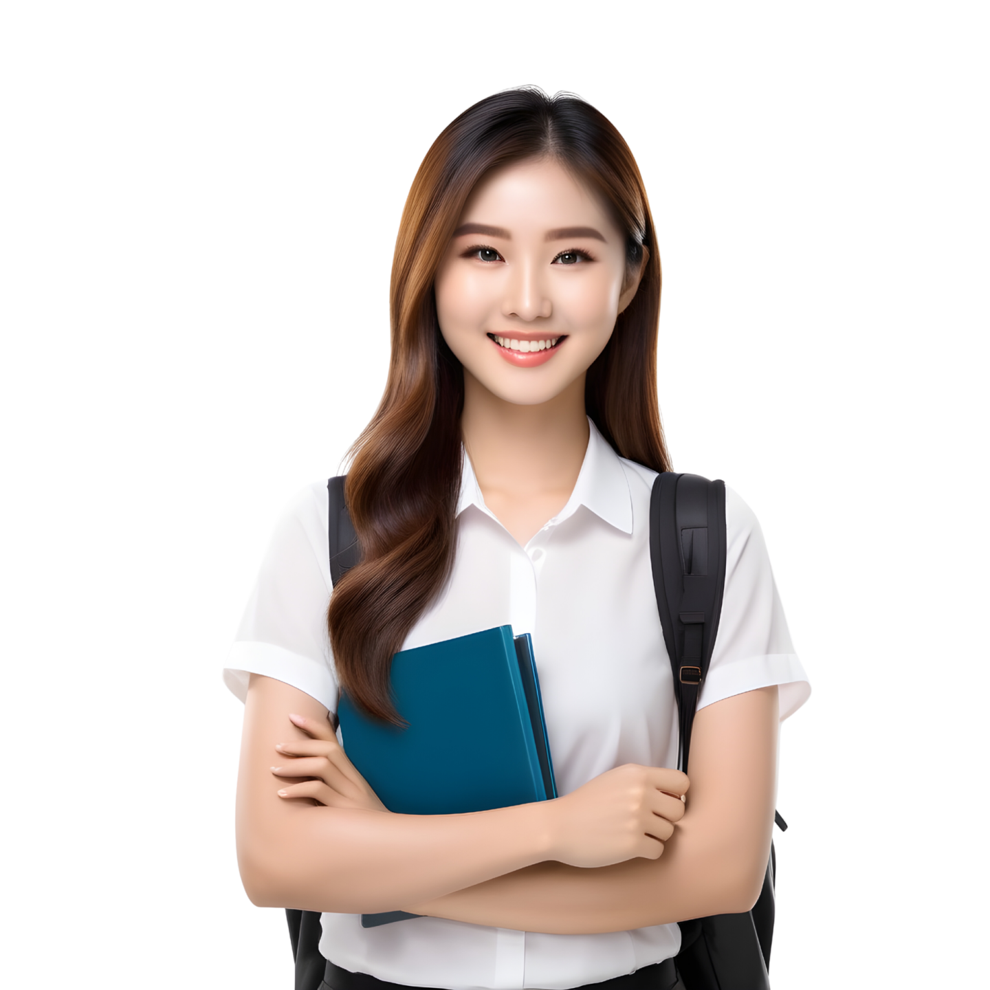 a woman in a white shirt and black skirt holding a book