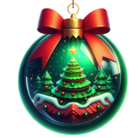 a green christmas orname with a red bow