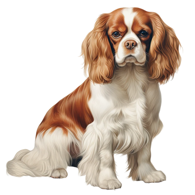 a brown and white dog sitting on a white background