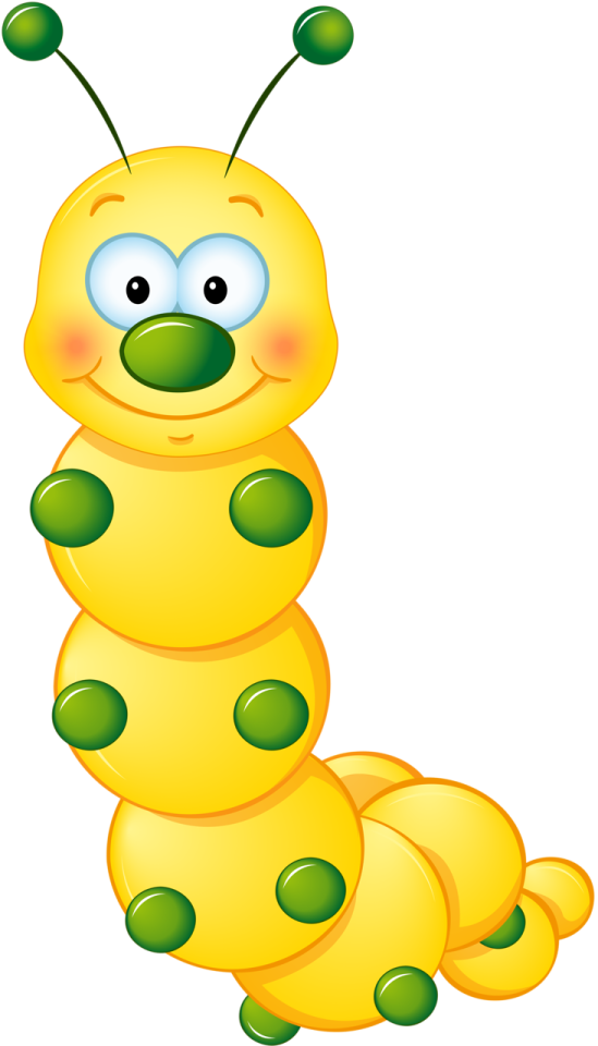 a yellow cater with blue eyes and green antennae