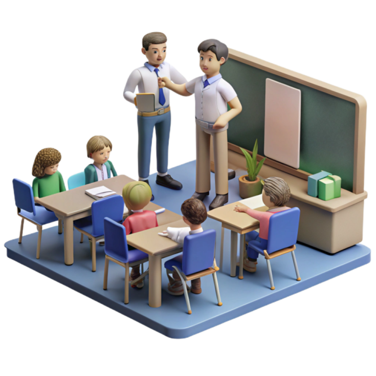 a group of people sitting at desks in a classroom