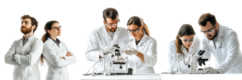 a group of people in lab coats looking through microscopes
