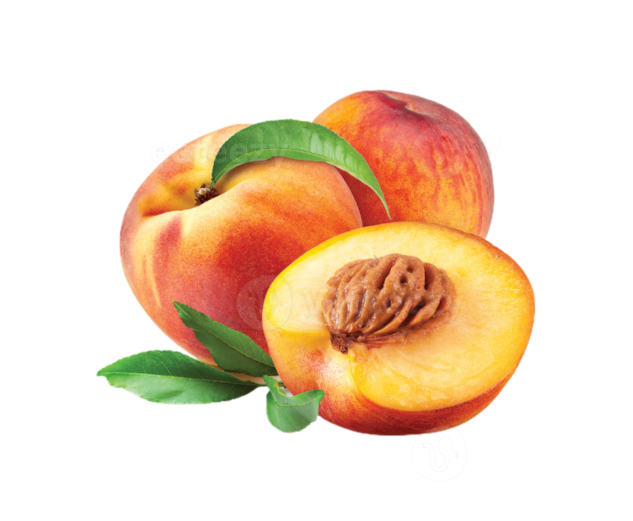 two peaches with green leaves on a white background