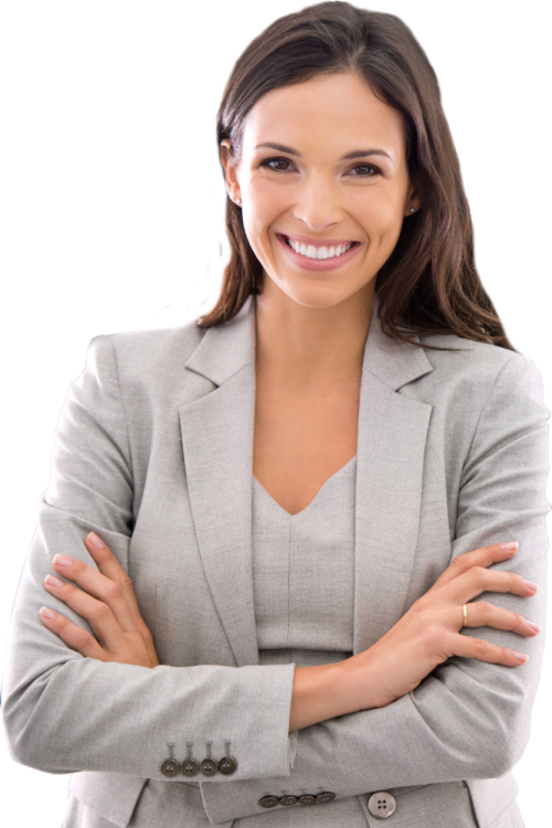 a woman in a business suit standing with her arms crossed