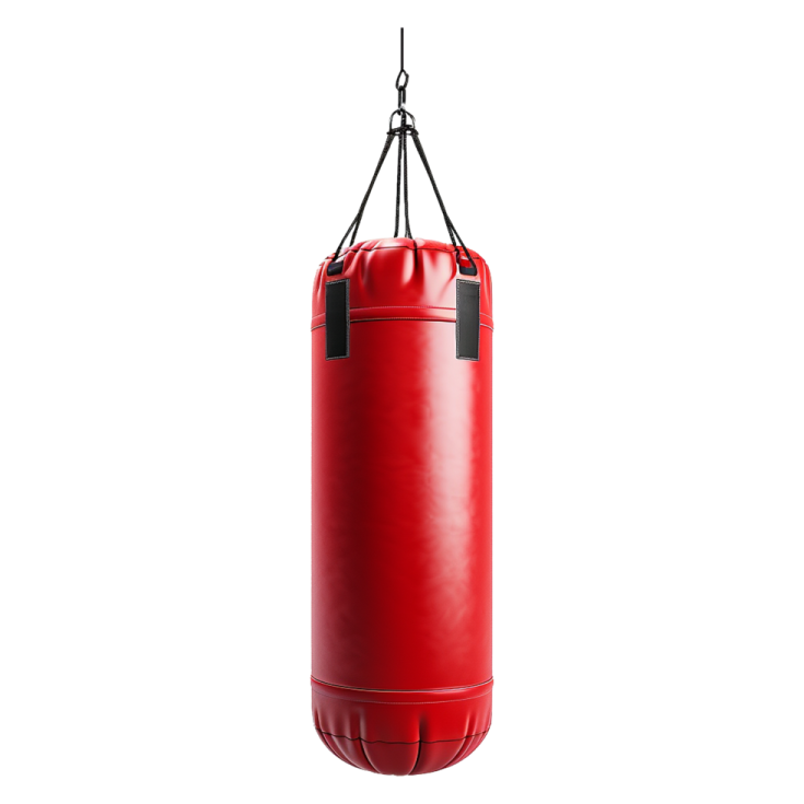 a red punching bag hanging on a white background