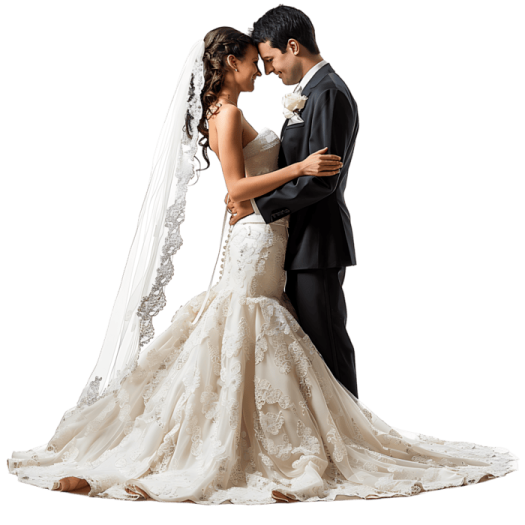 a bride and groom posing for the camera