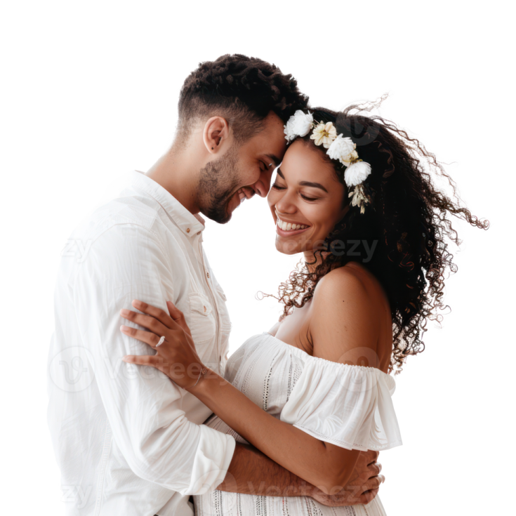 a man and woman embracing in front of white background