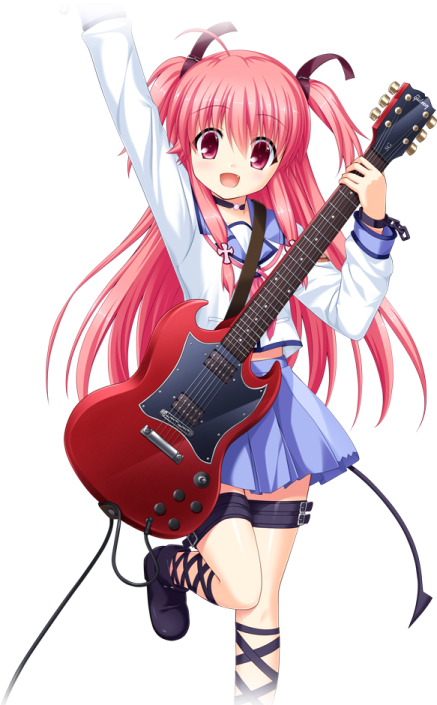 a girl with long pink hair holding a guitar