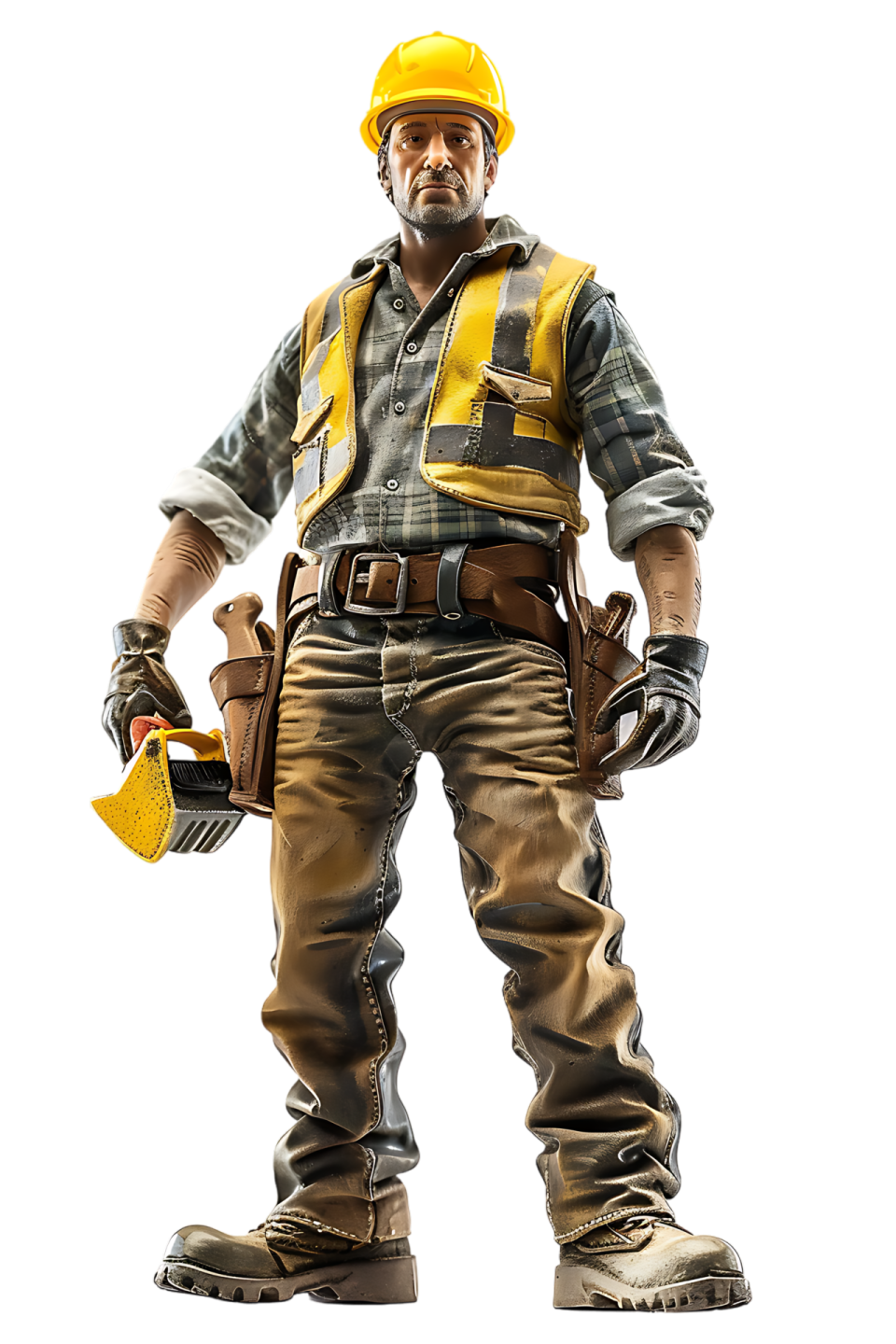 a man in a hard hat and overalls holding a hammer