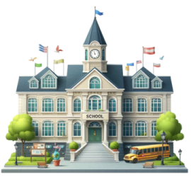 a school building with a bus parked in front