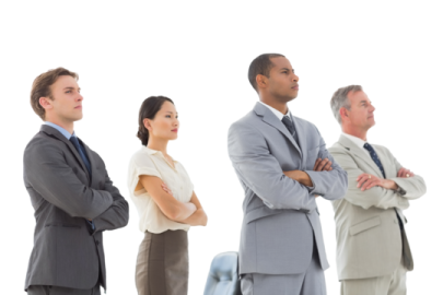 a group of business people standing in line