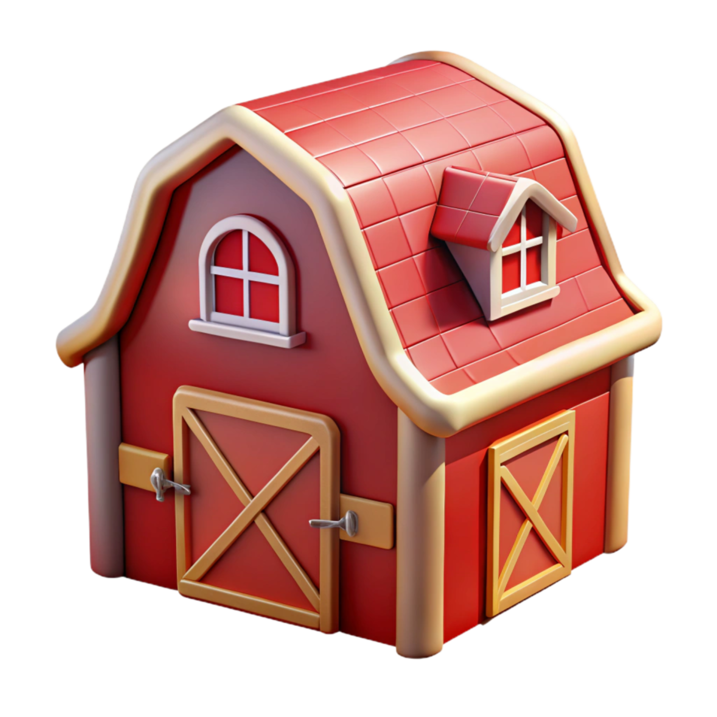 a small red barn with two doors and windows