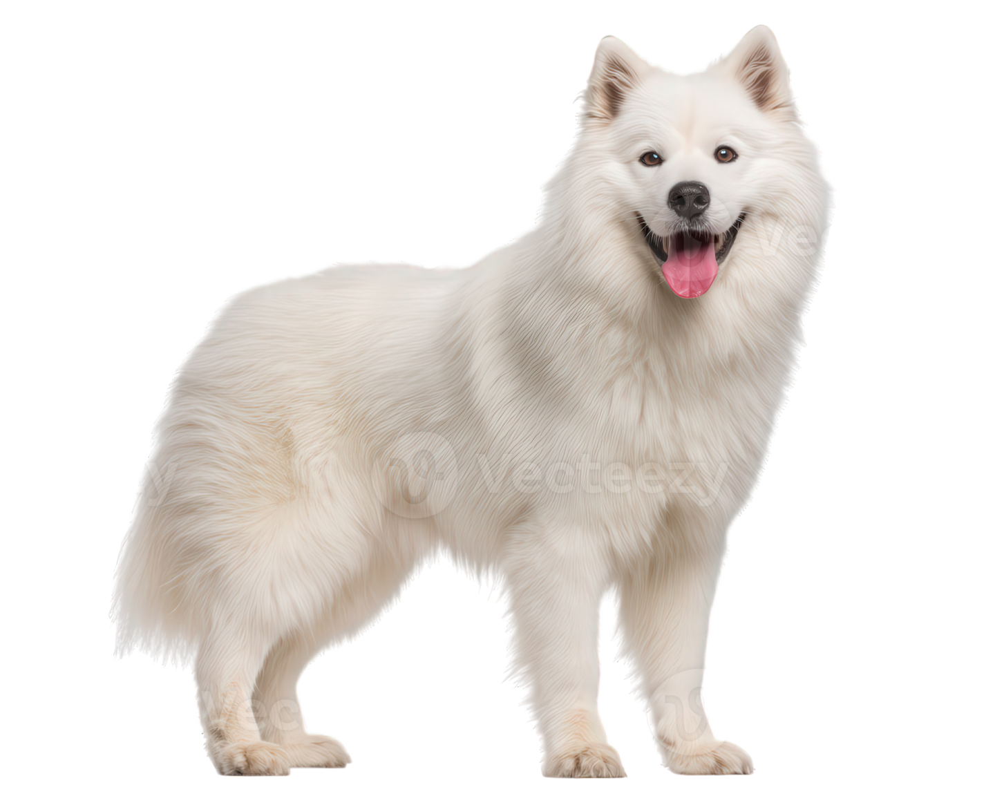 a white dog standing up with its tongue out