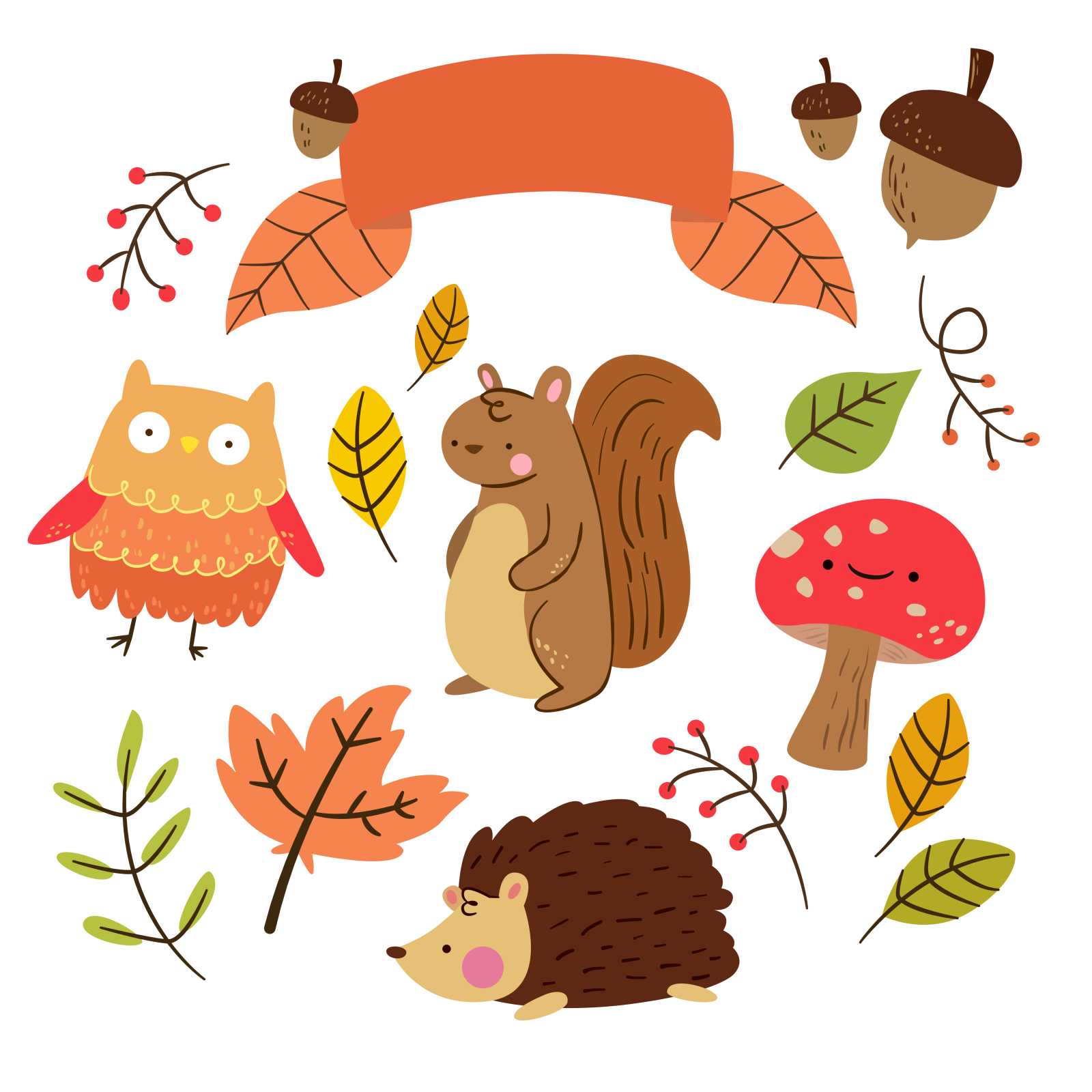 a set of cute woodland animals with autumn leaves and mushrooms