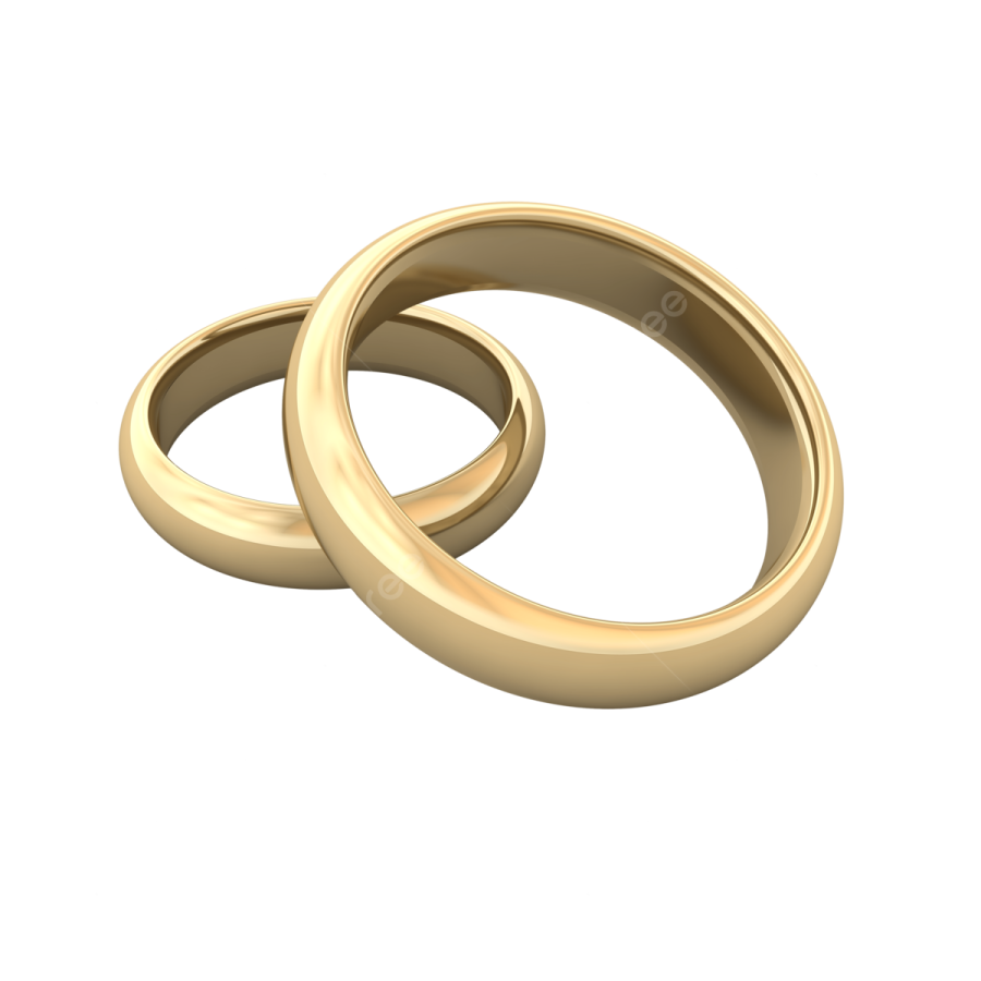 two gold wedding rings on white background