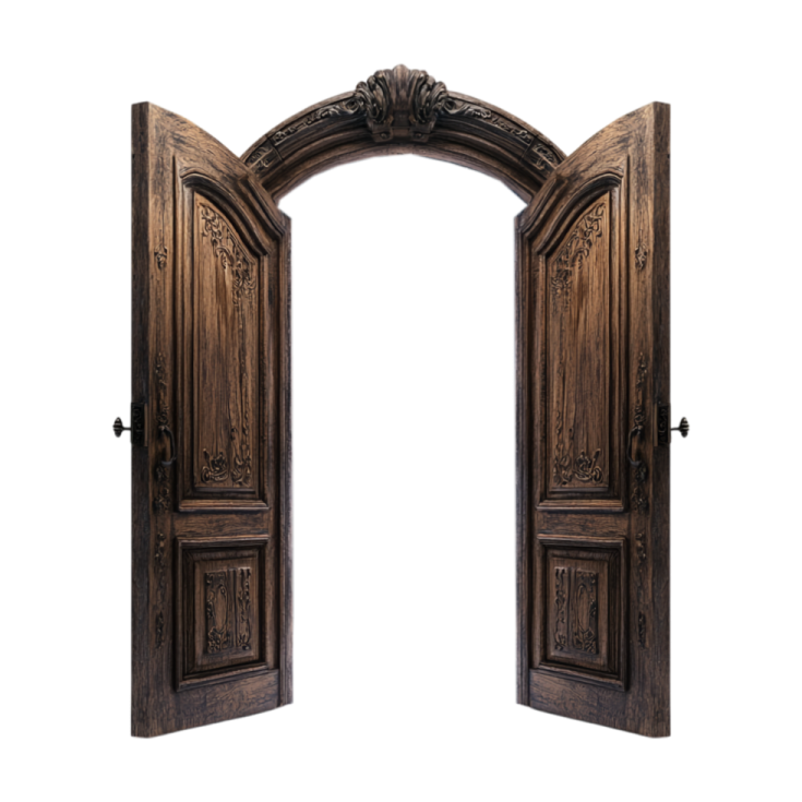 an open wooden door on a white background