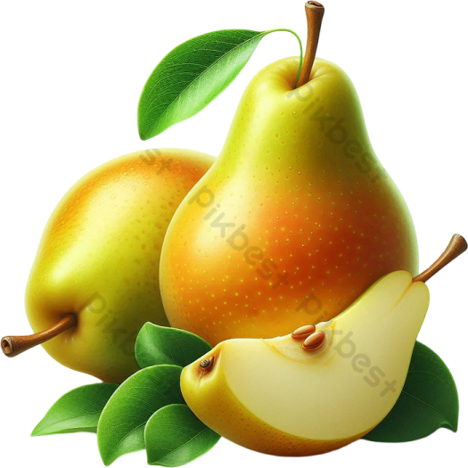 two pears with leaves on a white background
