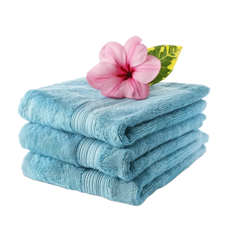 a stack of towels with a pink flower on top