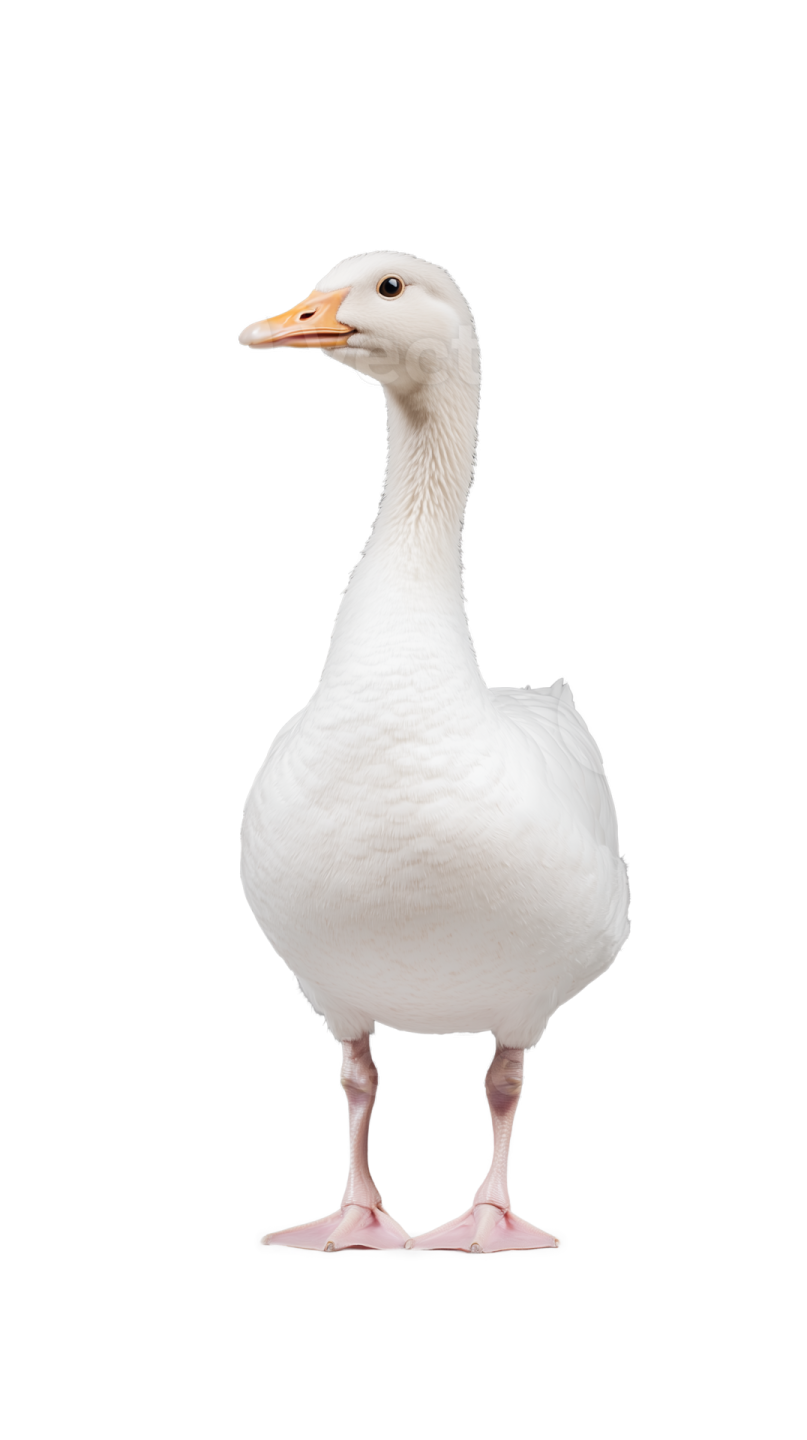 a white duck standing on its hinds