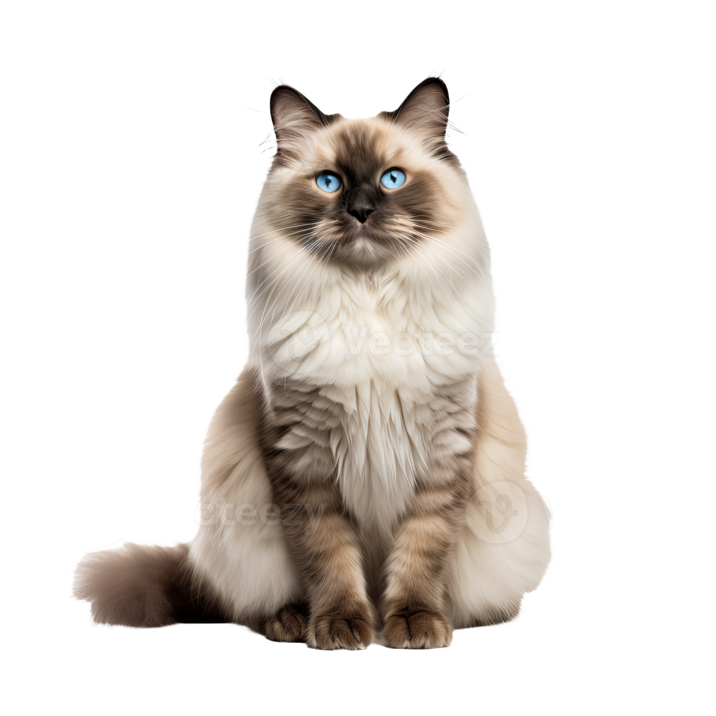 a cat with blue eyes sitting down
