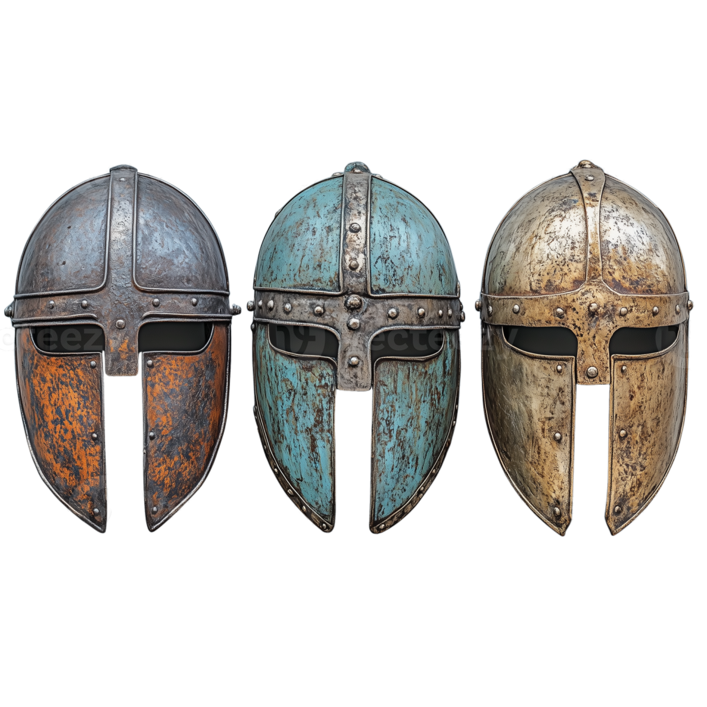 three different types of medieval helmets