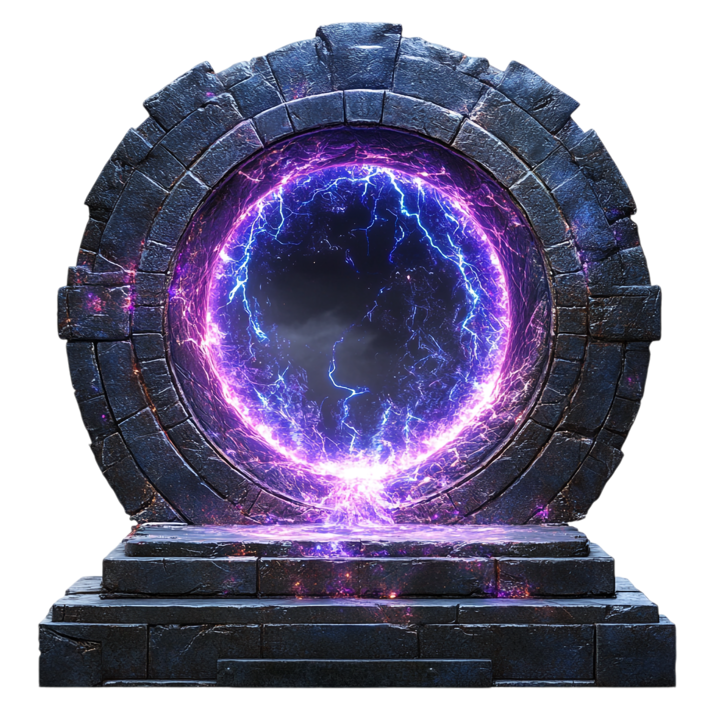 a stone portal with lightning in the center