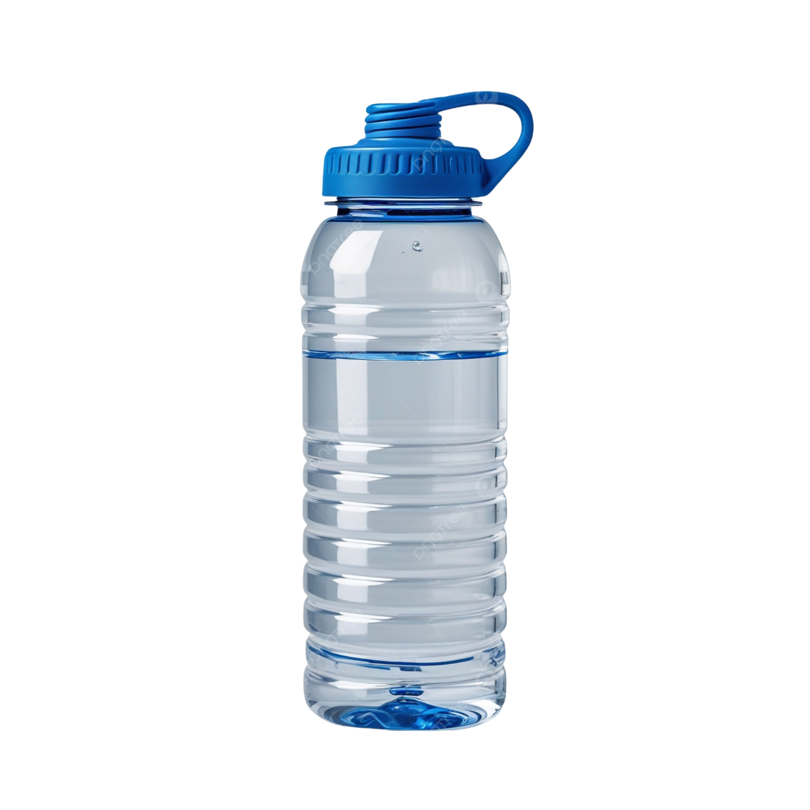 a large plastic water bottle with a blue lid