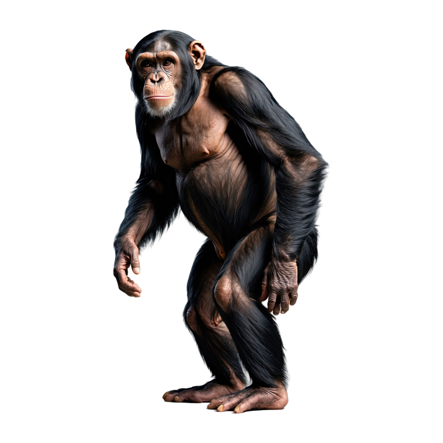 a chimpan standing in front of white background
