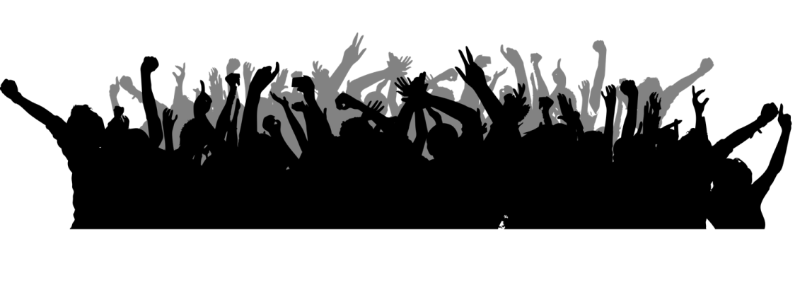 a crowd of people with their hands in the air