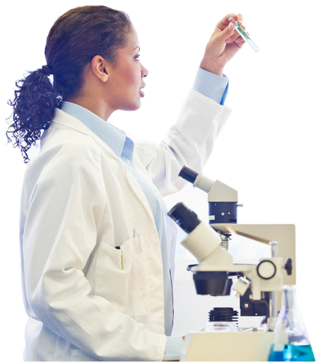 a woman wearing a lab coat