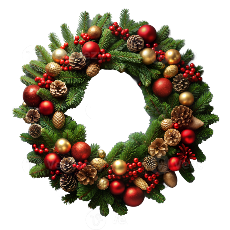 a christmas wreath with red and gold ornaments