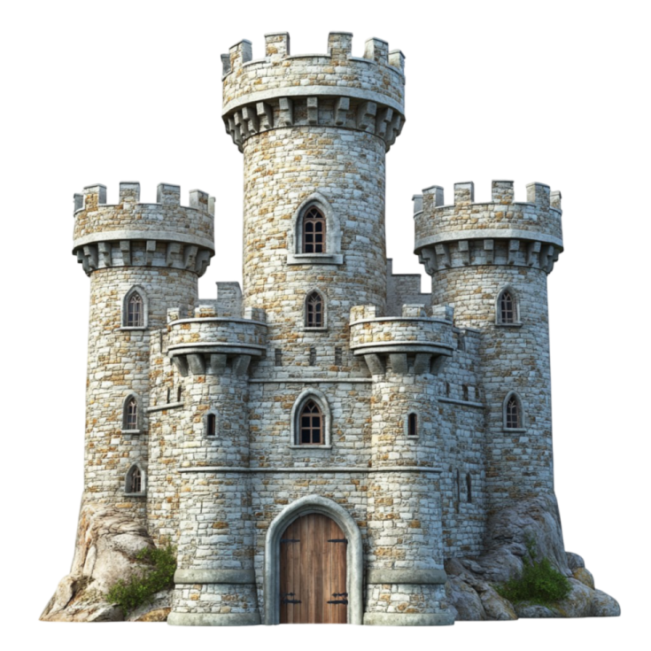 an old castle with a wooden door on top