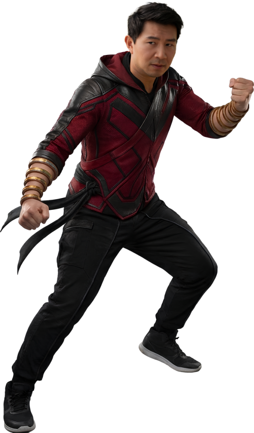 a young man in a red shirt and black pants